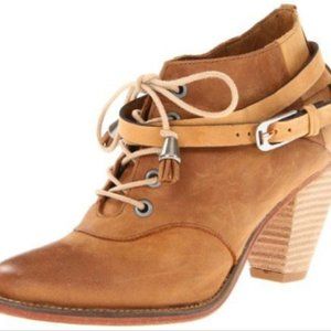 Tan Leather Lace-Up Ankle Bootie with Buckle